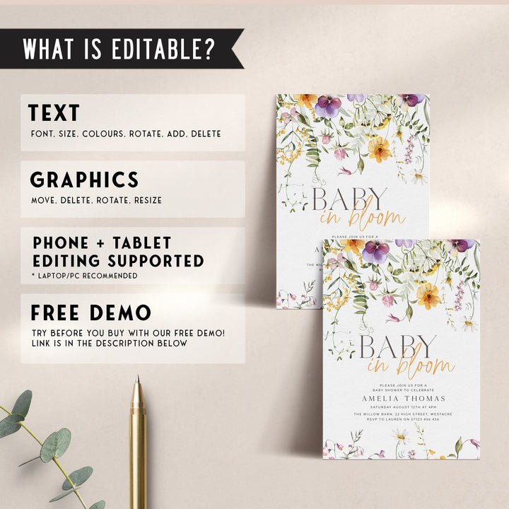 Yellow Baby In Bloom Invitation editable template