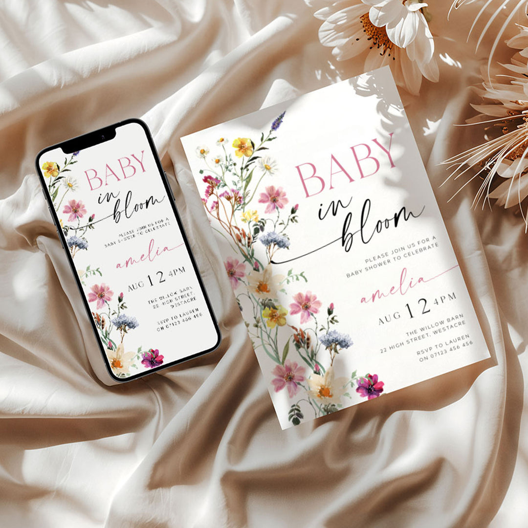 Baby In Bloom Border Invitation floral border editable template