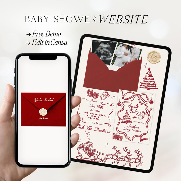Christmas Baby Shower Website Editable Canva Template in a Santa Baby theme