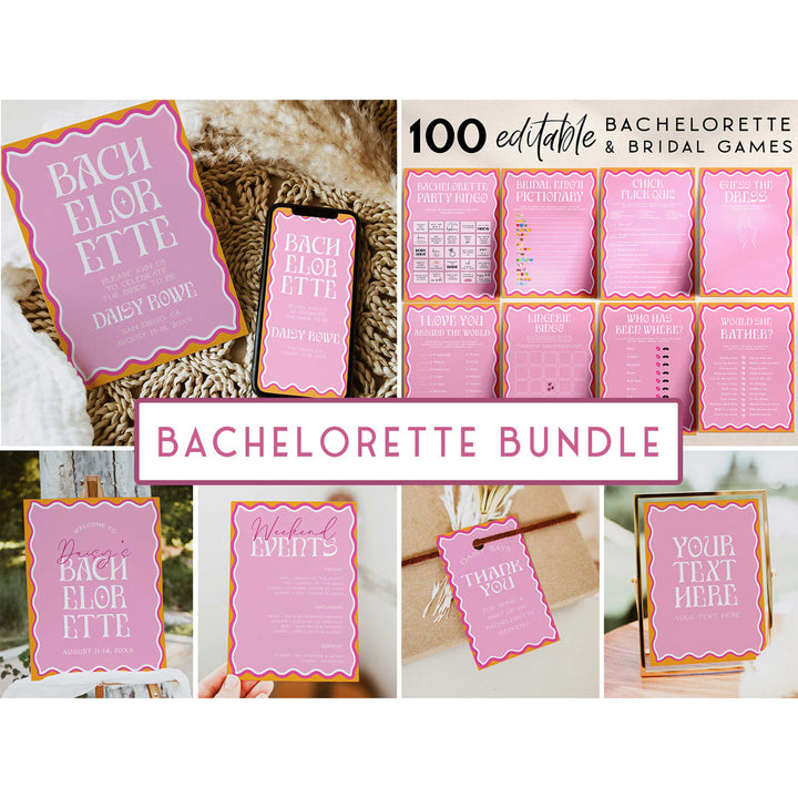 Get everything you need to throw the ultimate bachelorette party with our party bundle! This all-in-one package includes 100 editable games, bachelorette invite, bachelorette weekend itinerary, and welcome signs, all designed with a fresh pink theme.