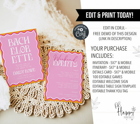 Get everything you need to throw the ultimate bachelorette party with our party bundle! This all-in-one package includes 100 editable games, bachelorette invite, bachelorette weekend itinerary, and welcome signs, all designed with a fresh pink theme.