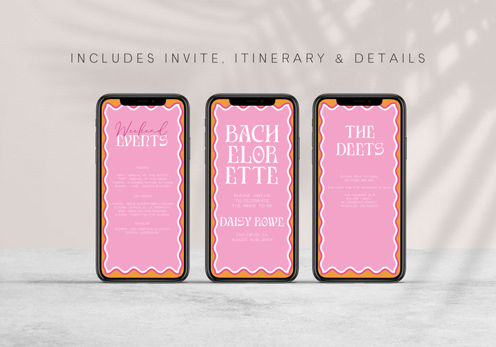Get everything you need to throw the ultimate bachelorette party with our party bundle! This all-in-one package includes 100 editable games, bachelorette invite, bachelorette weekend itinerary, and welcome signs, all designed with a fresh pink theme.