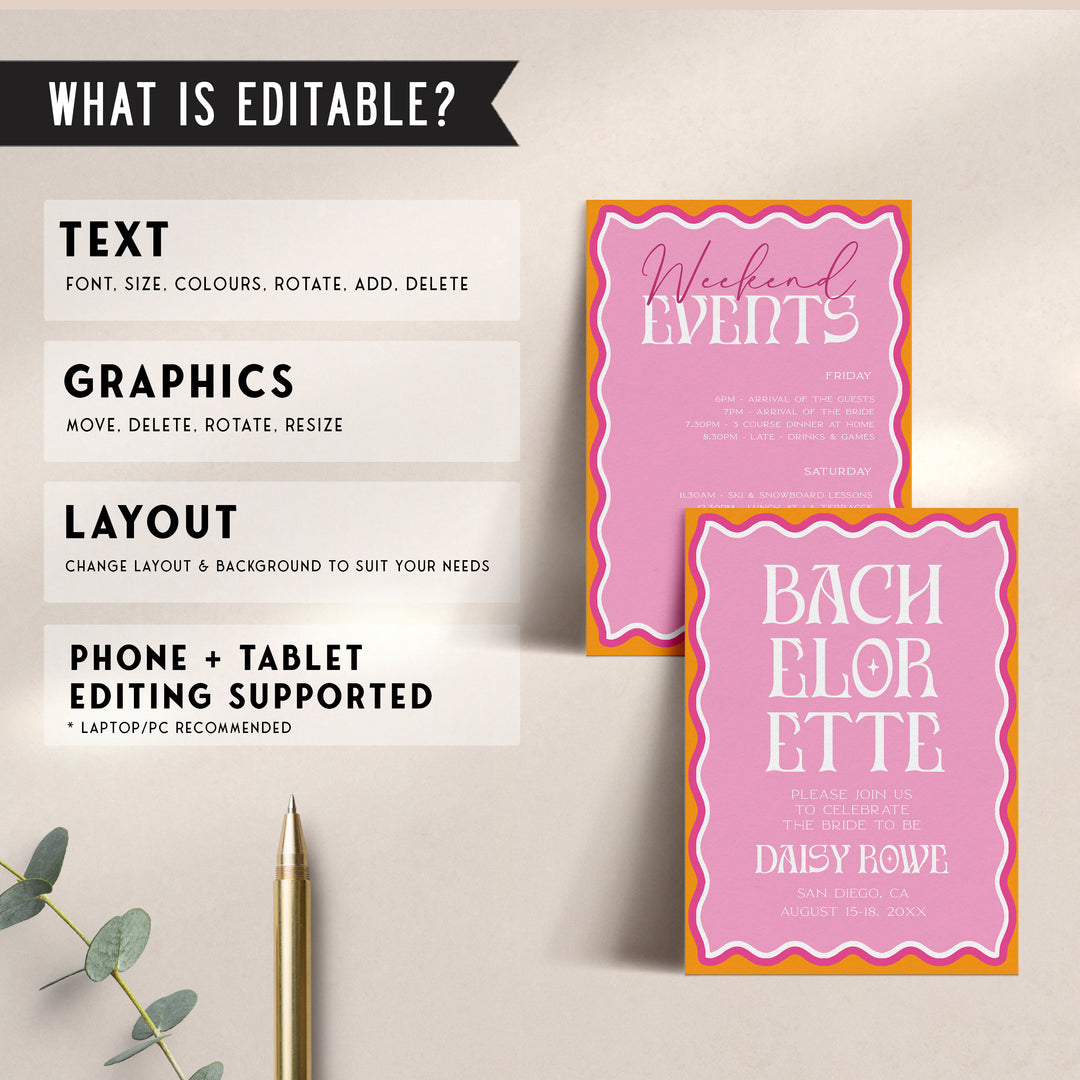 Get everything you need to throw the ultimate bachelorette party with our party bundle! This all-in-one package includes 100 editable games, bachelorette invite, bachelorette weekend itinerary, and welcome signs, all designed with a fresh pink theme.