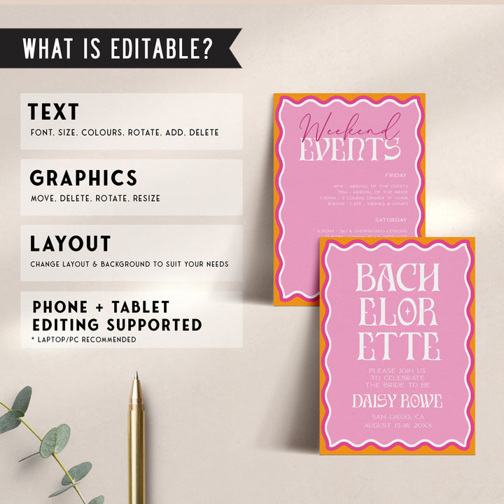 Get everything you need to throw the ultimate bachelorette party with our party bundle! This all-in-one package includes 100 editable games, bachelorette invite, bachelorette weekend itinerary, and welcome signs, all designed with a fresh pink theme.