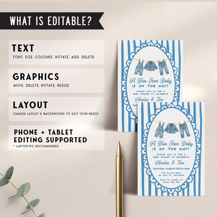 Blue Jeans Baby Stripped Invitation