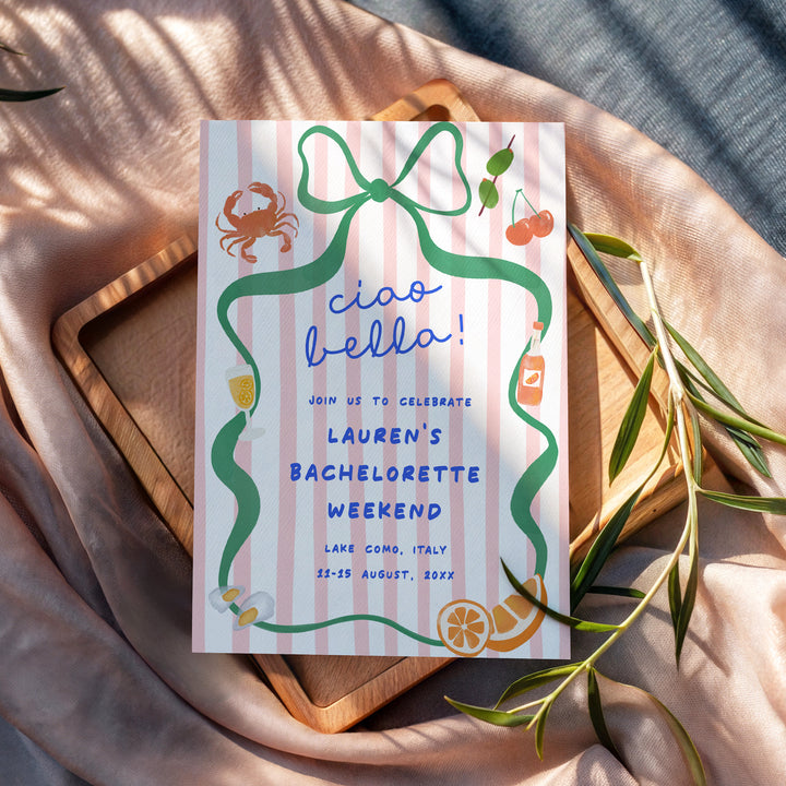 Ciao Bella Pink Striped Bachelorette Invitation