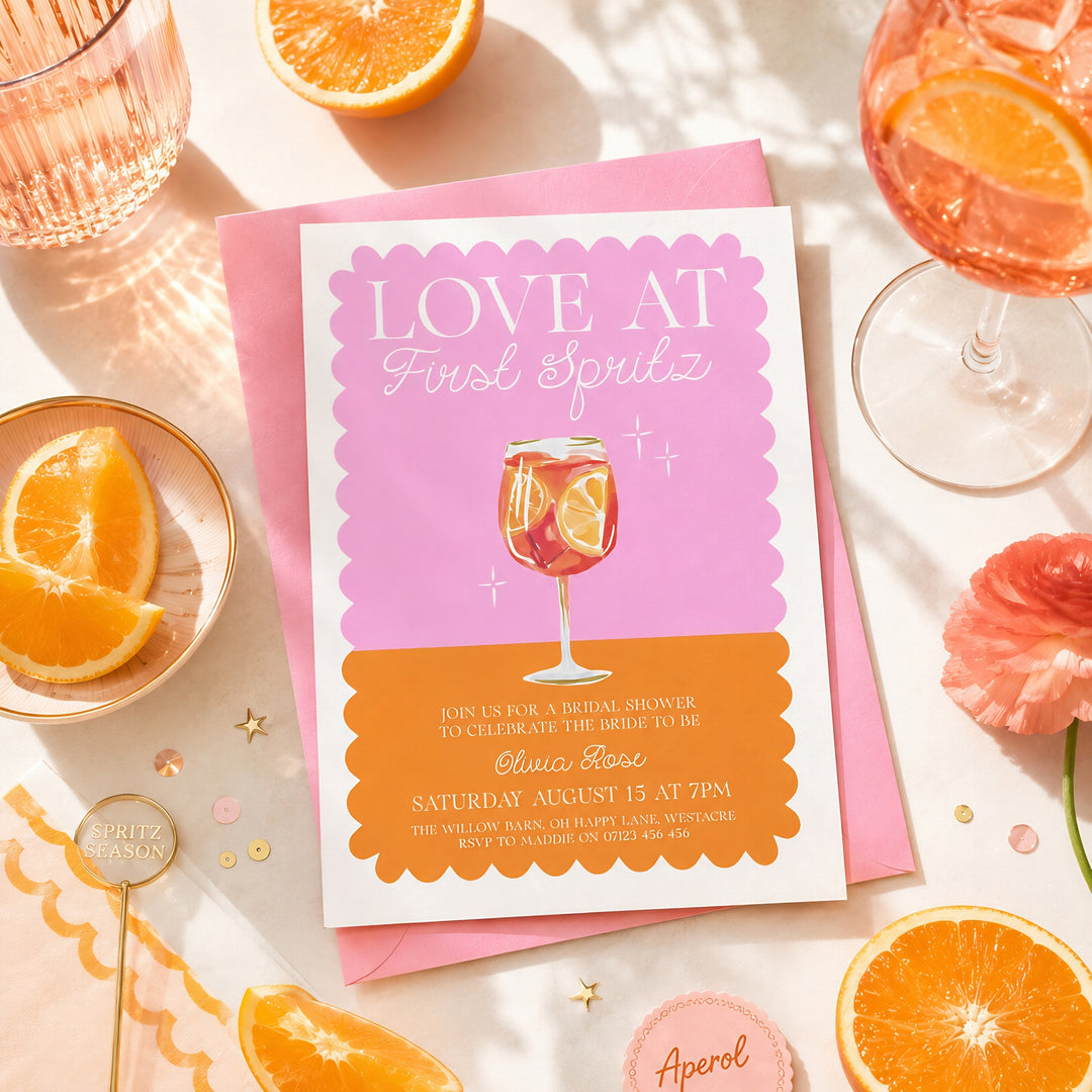 Love at First Spritz Bridal Shower Invite editable template in Canva