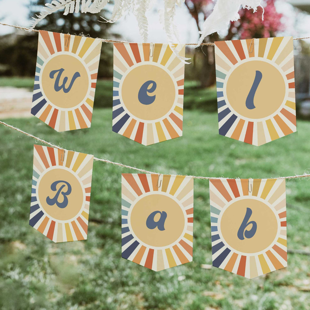 here comes the son baby shower party bundle. Fully editable and includes items such as invitations, welcome signs, thank you tags, guess the baby birthday game, 60 baby shower games, and more. All are fully editable