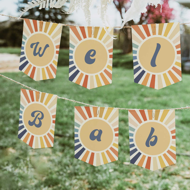 here comes the son baby shower party bundle. Fully editable and includes items such as invitations, welcome signs, thank you tags, guess the baby birthday game, 60 baby shower games, and more. All are fully editable