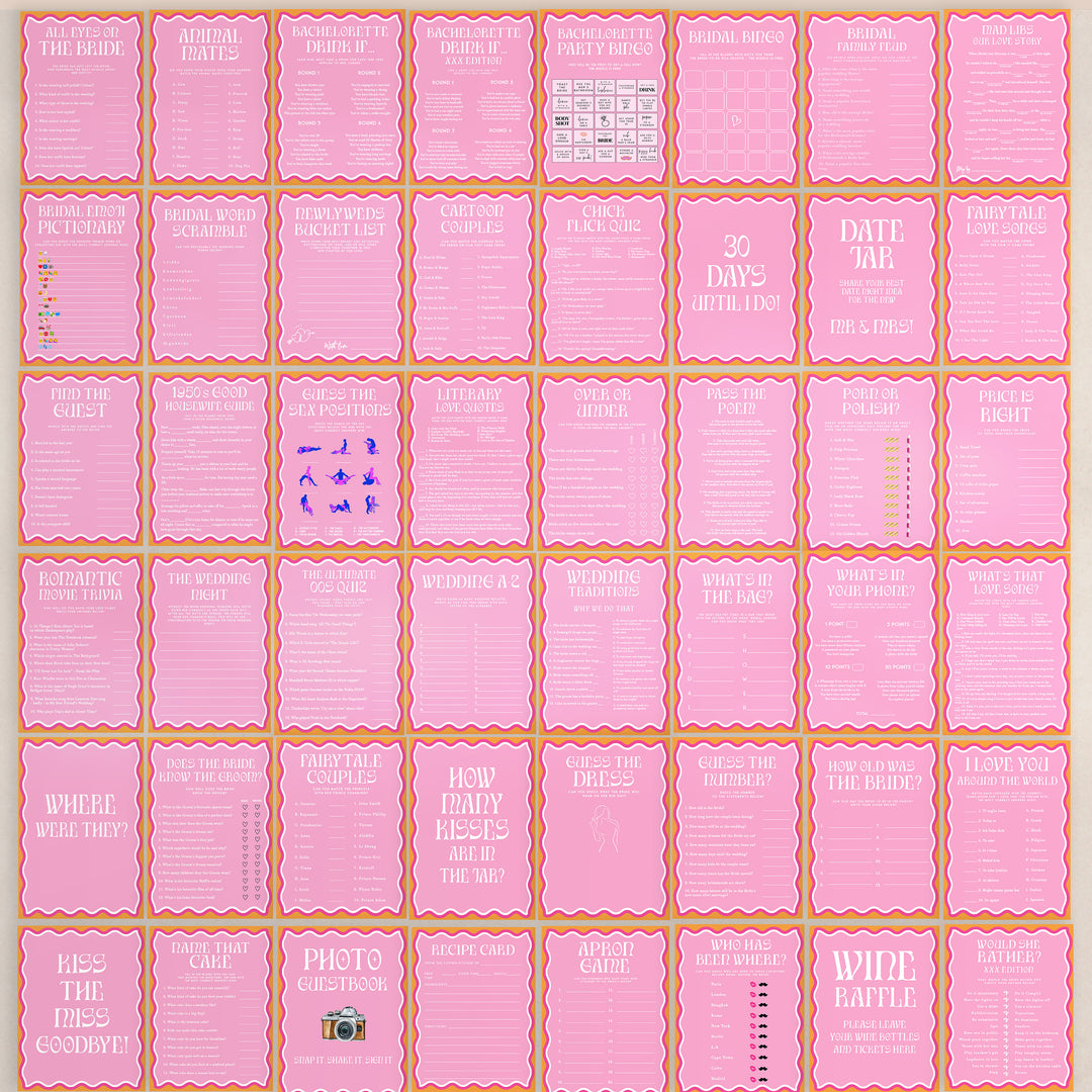 Get everything you need to throw the ultimate bachelorette party with our party bundle! This all-in-one package includes 100 editable games, bachelorette invite, bachelorette weekend itinerary, and welcome signs, all designed with a fresh pink theme.