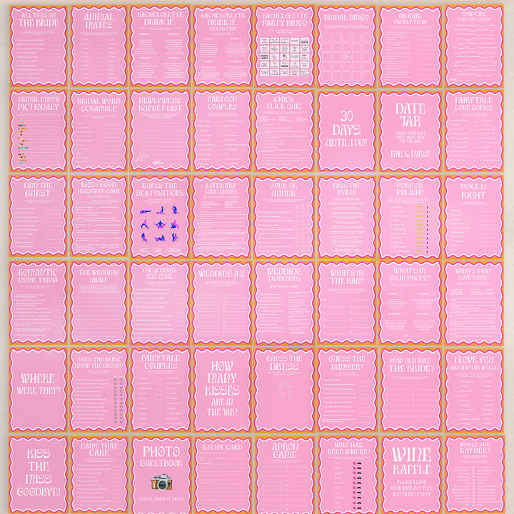 Get everything you need to throw the ultimate bachelorette party with our party bundle! This all-in-one package includes 100 editable games, bachelorette invite, bachelorette weekend itinerary, and welcome signs, all designed with a fresh pink theme.