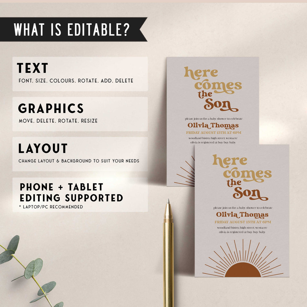 fully editable here comes the son baby shower invitation suite. The invitation comes in both 5x7 and mobile friendly.Featuring a beautiful Boho style and funky retro font, this is a summer theme not to miss. 