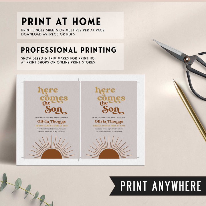 fully editable here comes the son baby shower invitation suite. The invitation comes in both 5x7 and mobile friendly.Featuring a beautiful Boho style and funky retro font, this is a summer theme not to miss. 