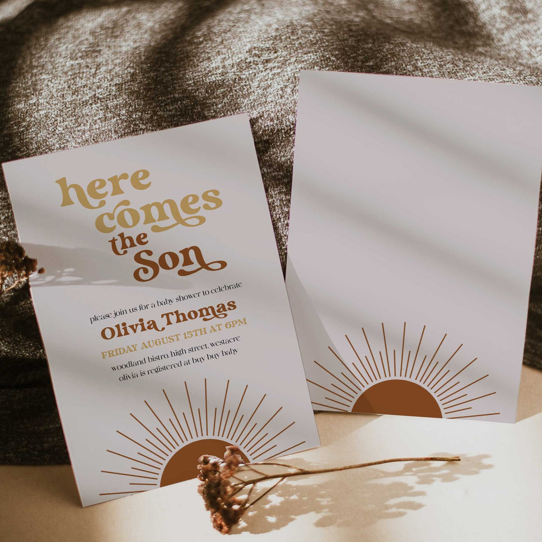 fully editable here comes the son baby shower invitation suite. The invitation comes in both 5x7 and mobile friendly.Featuring a beautiful Boho style and funky retro font, this is a summer theme not to miss. 