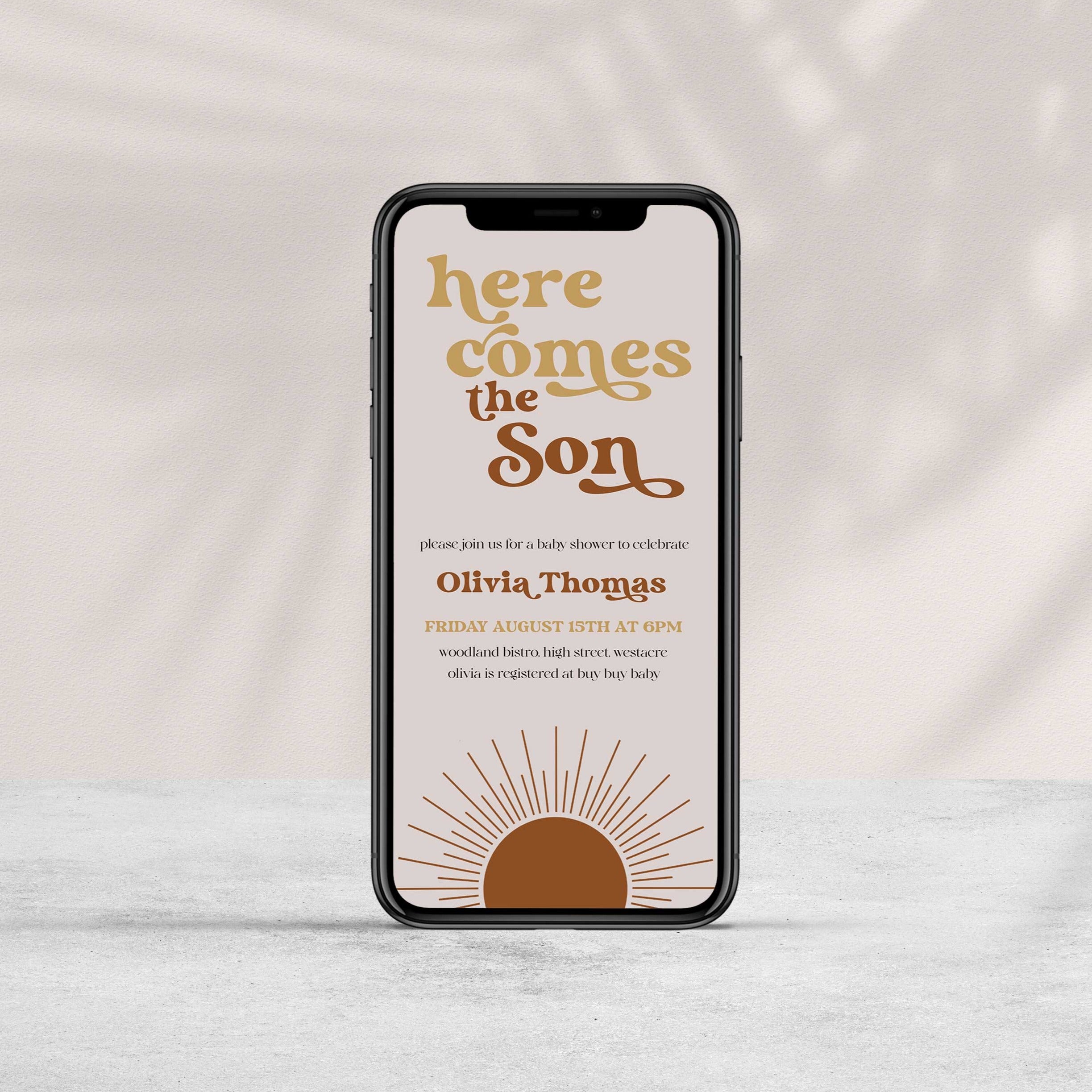fully editable here comes the son baby shower invitation suite. The invitation comes in both 5x7 and mobile friendly.Featuring a beautiful Boho style and funky retro font, this is a summer theme not to miss. 