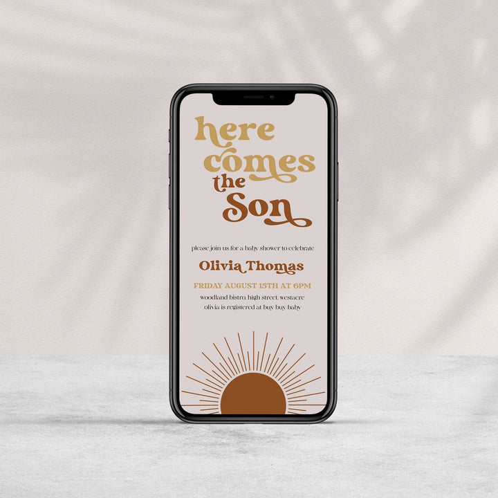 fully editable here comes the son baby shower invitation suite. The invitation comes in both 5x7 and mobile friendly.Featuring a beautiful Boho style and funky retro font, this is a summer theme not to miss. 