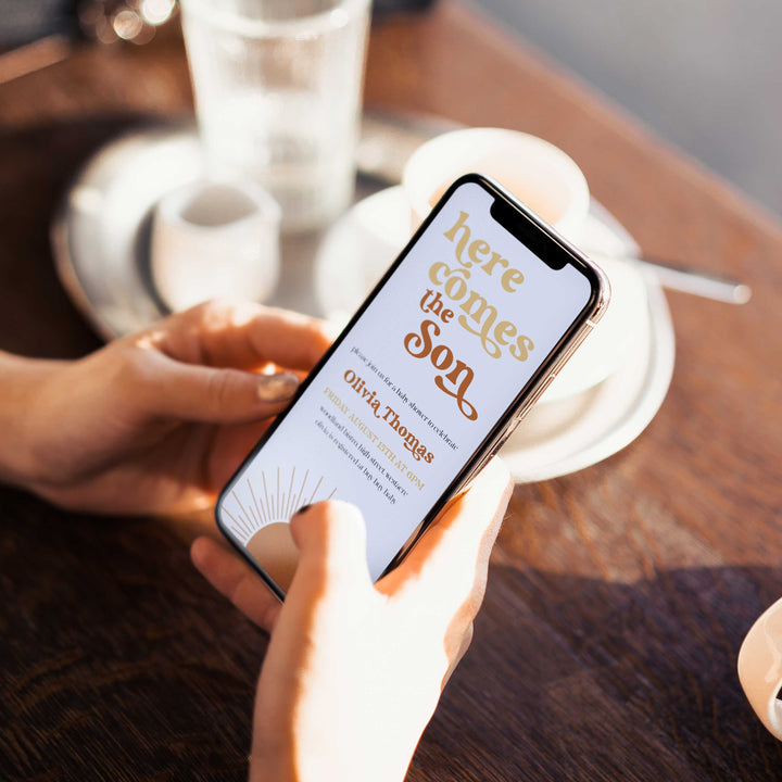 fully editable here comes the son baby shower invitation suite. The invitation comes in both 5x7 and mobile friendly.Featuring a beautiful Boho style and funky retro font, this is a summer theme not to miss. 