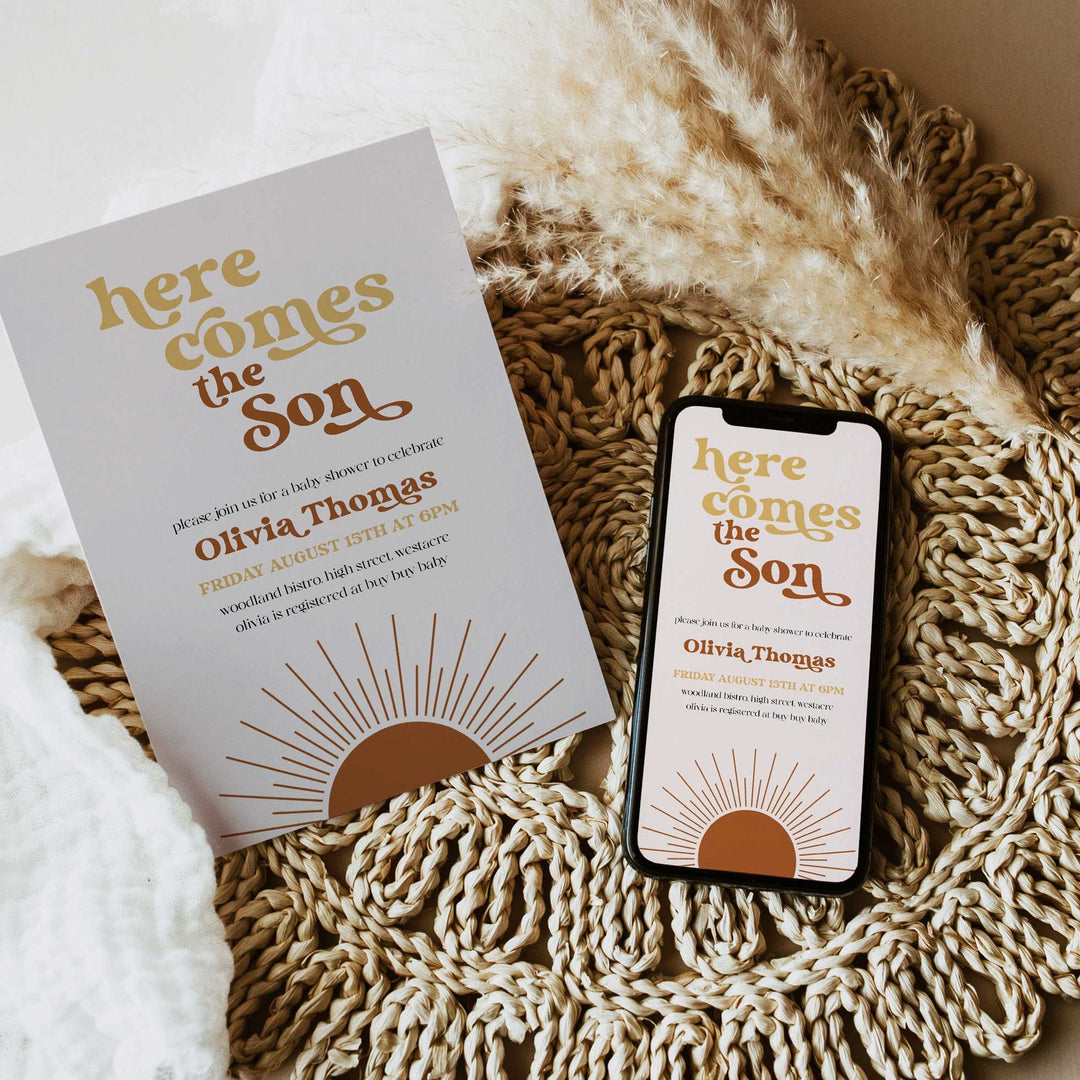 fully editable here comes the son baby shower invitation suite. The invitation comes in both 5x7 and mobile friendly.Featuring a beautiful Boho style and funky retro font, this is a summer theme not to miss. 