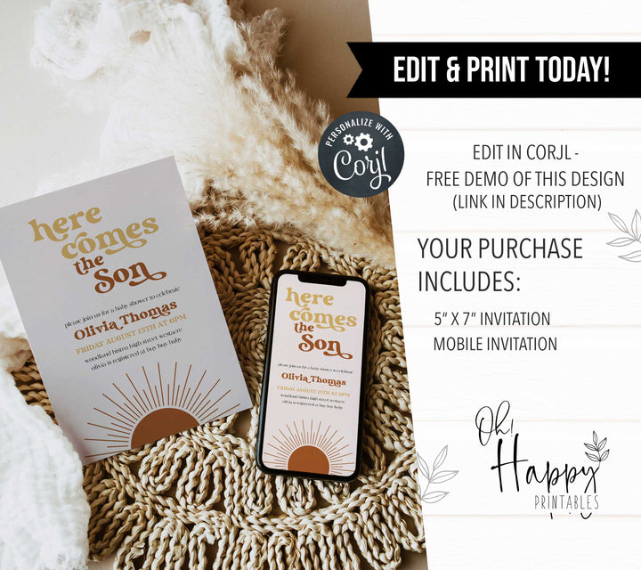 fully editable here comes the son baby shower invitation suite. The invitation comes in both 5x7 and mobile friendly.Featuring a beautiful Boho style and funky retro font, this is a summer theme not to miss. 