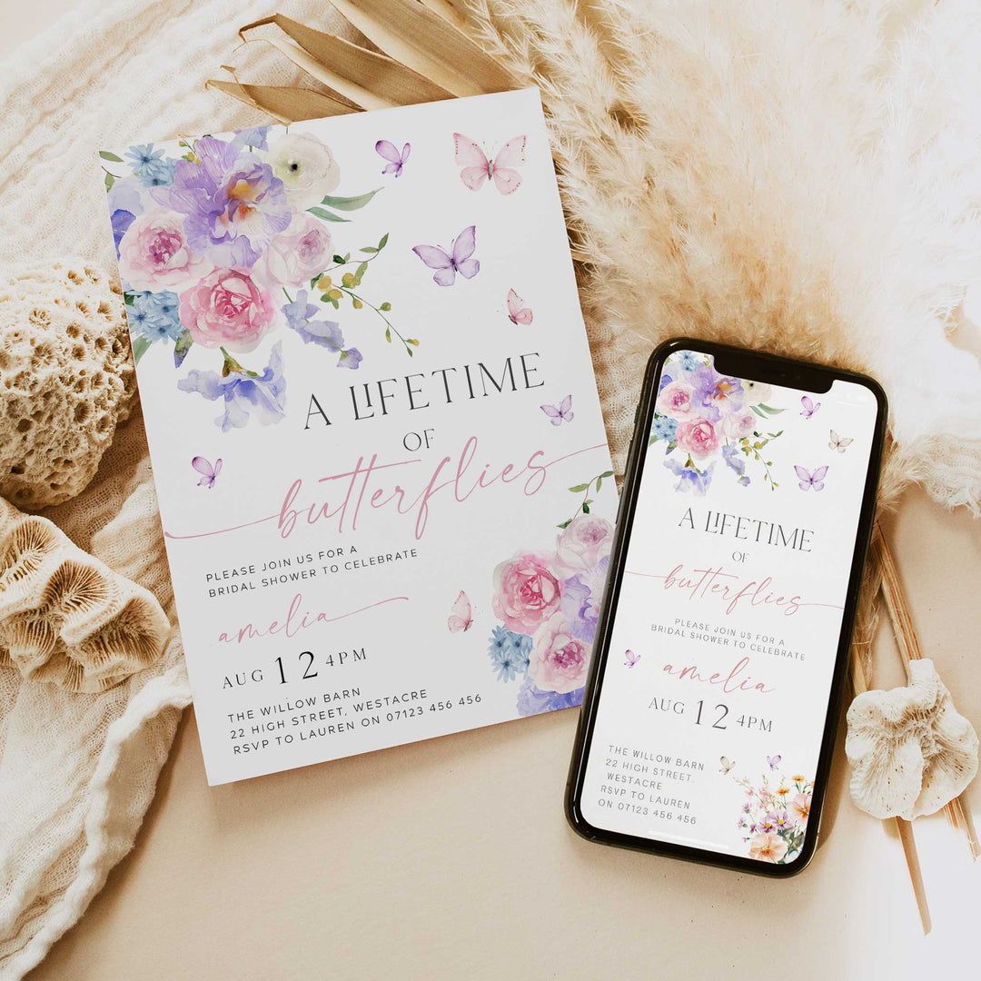 Purple Lifetime Of Butterflies Bridal Invitation