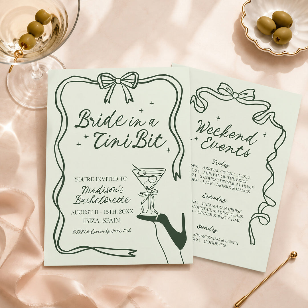 Bride In A Tni Bit Green Shoe Invitation editable in Canva