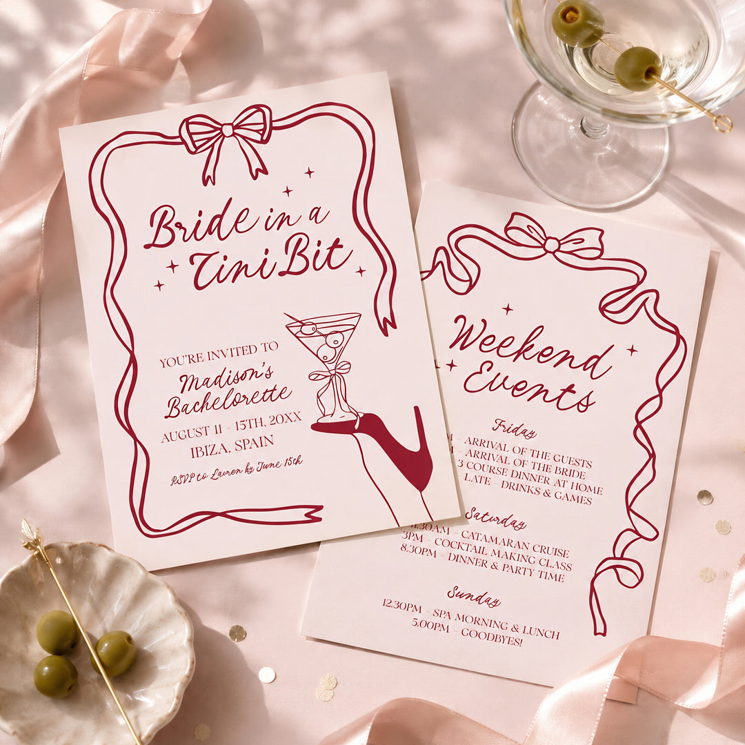 Bride In A Tni Bit Red Shoe Invitation editable template in Canva