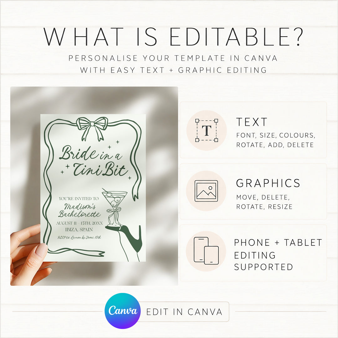 Bride In A Tni Bit Green Shoe Invitation editable in Canva