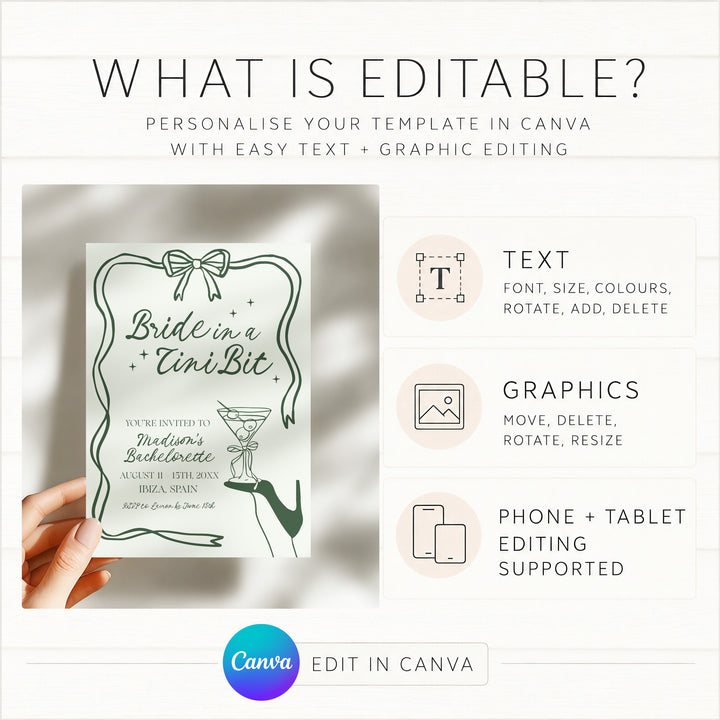 Bride In A Tni Bit Green Shoe Invitation editable in Canva