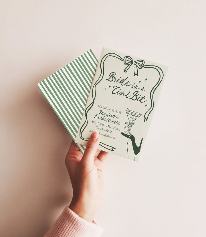 Bride In A Tni Bit Green Shoe Invitation editable in Canva