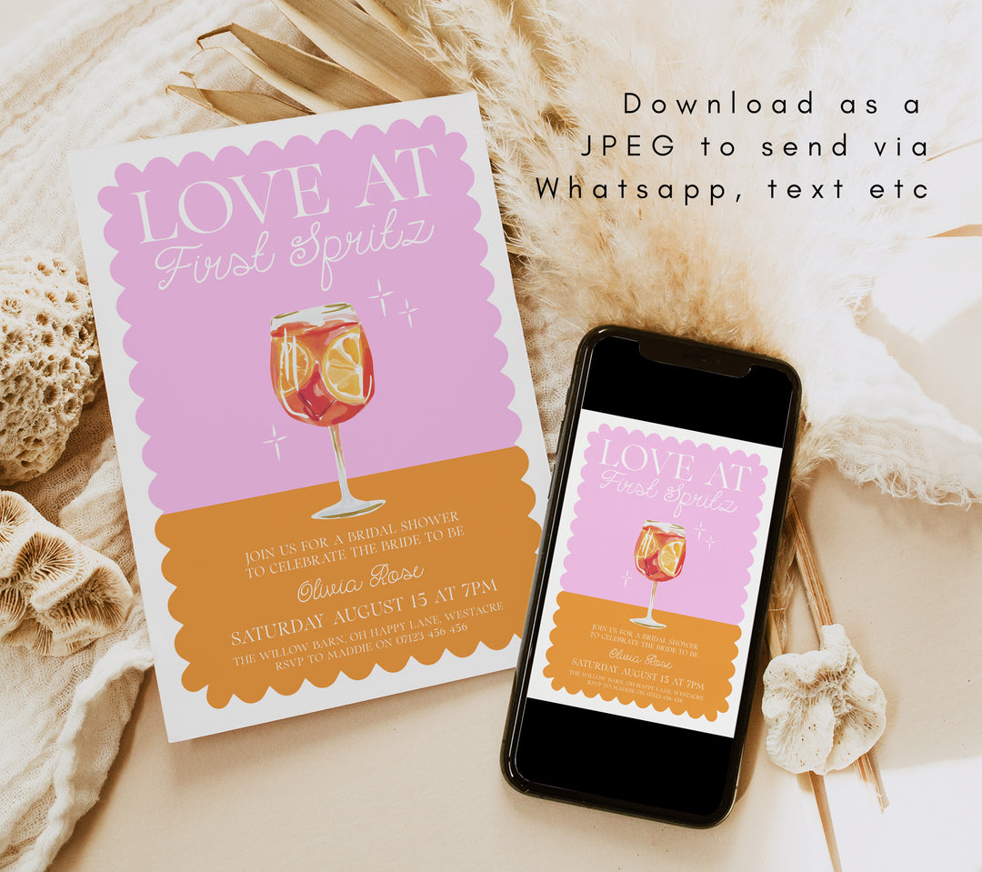 Love at First Spritz Bridal Shower Invite editable template in Canva