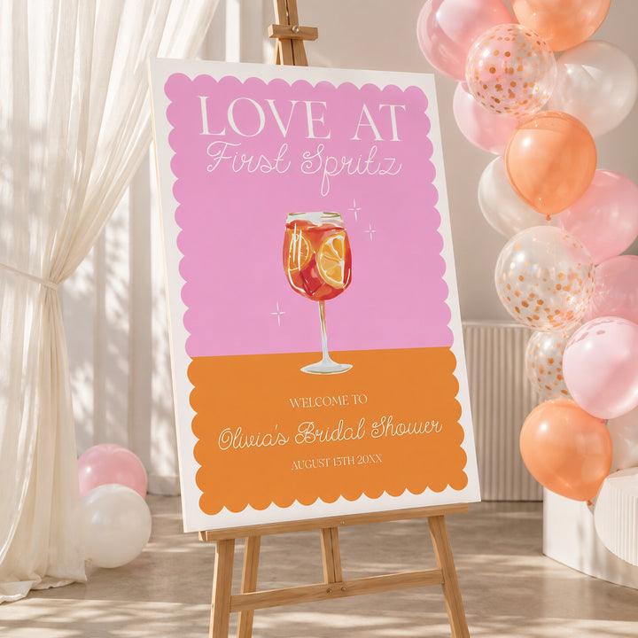 Love At First Spritz Bridal Shower Welcome Sign editable template in Canva