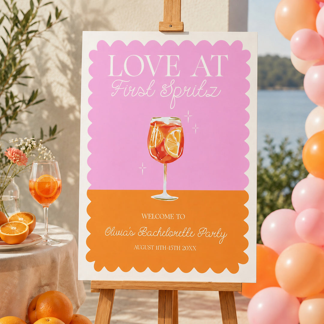 Love At First Spritz Bachelorette Welcome Sign editable template in Canva