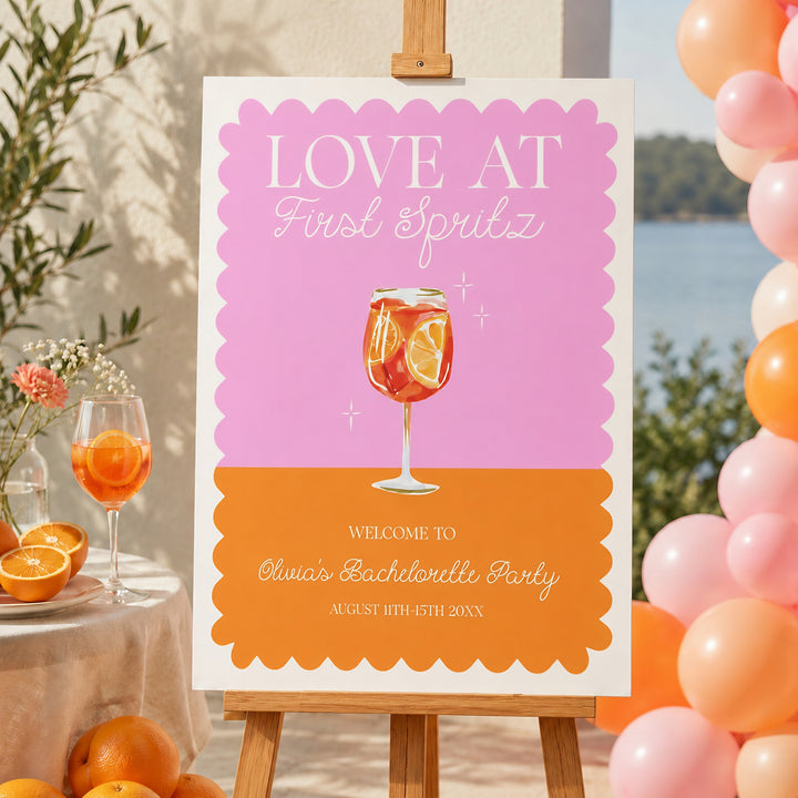 Love At First Spritz Bachelorette Welcome Sign editable template in Canva