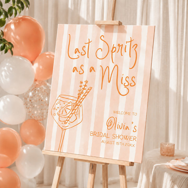 Last Spritz As A Miss Striped Bridal Shower Welcome Sign editable template in Canva