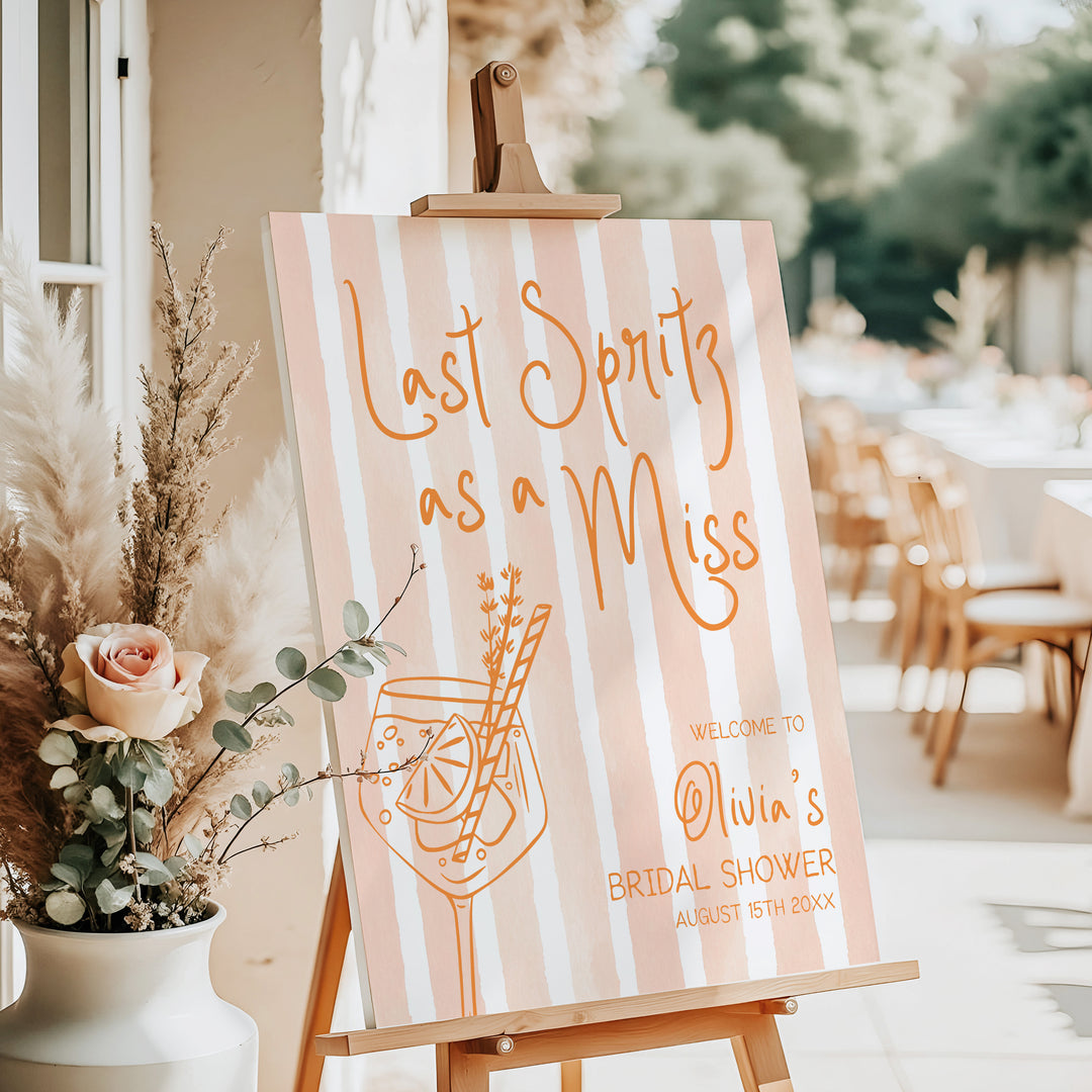 Last Spritz As A Miss Striped Bridal Shower Welcome Sign editable template in Canva