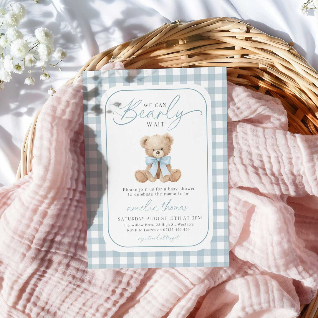 We Can Bearly Wait Blue Gingham Invitation