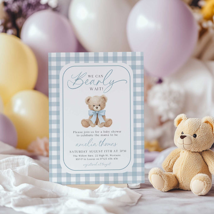 We Can Bearly Wait Blue Gingham Invitation