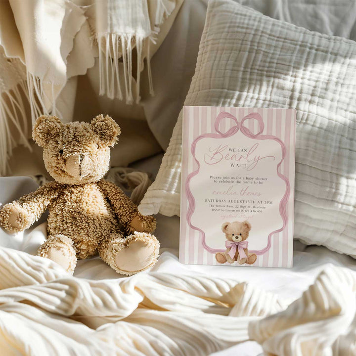 We Can Bearly Wait Pink Bow Invitation