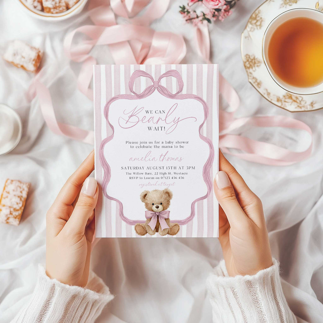 We Can Bearly Wait Pink Bow Invitation