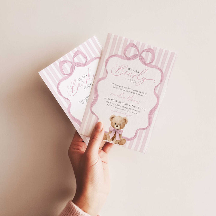 We Can Bearly Wait Pink Bow Invitation