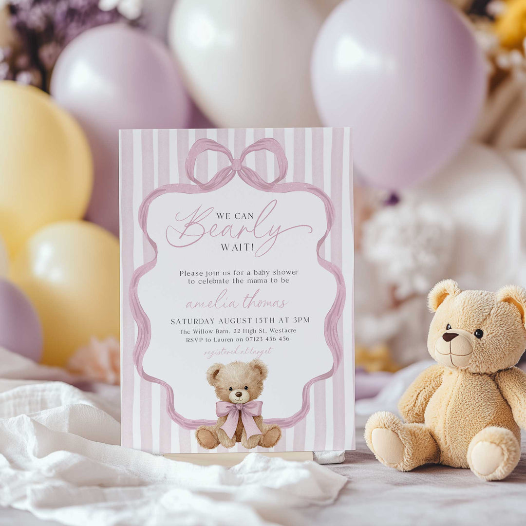 We Can Bearly Wait Pink Bow Invitation