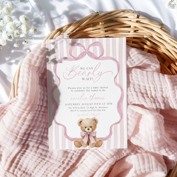 We Can Bearly Wait Pink Bow Invitation