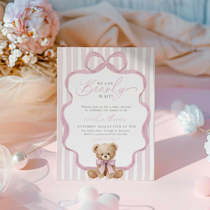 We Can Bearly Wait Pink Bow Invitation