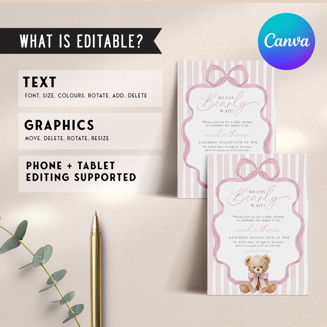 We Can Bearly Wait Pink Bow Invitation