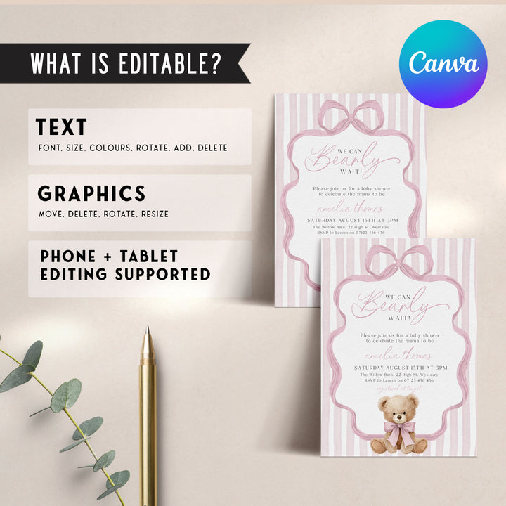 We Can Bearly Wait Pink Bow Invitation