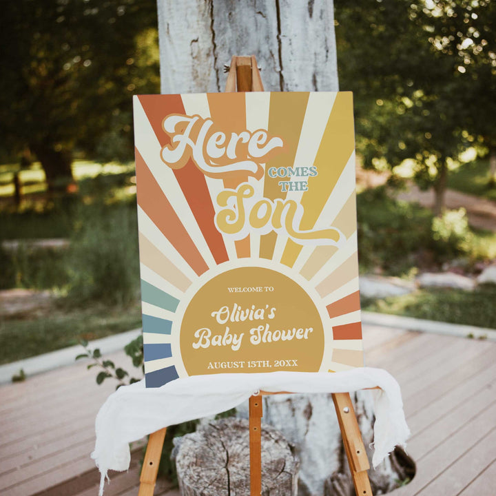 here comes the son baby shower party bundle. Fully editable and includes items such as invitations, welcome signs, thank you tags, guess the baby birthday game, 60 baby shower games, and more. All are fully editable