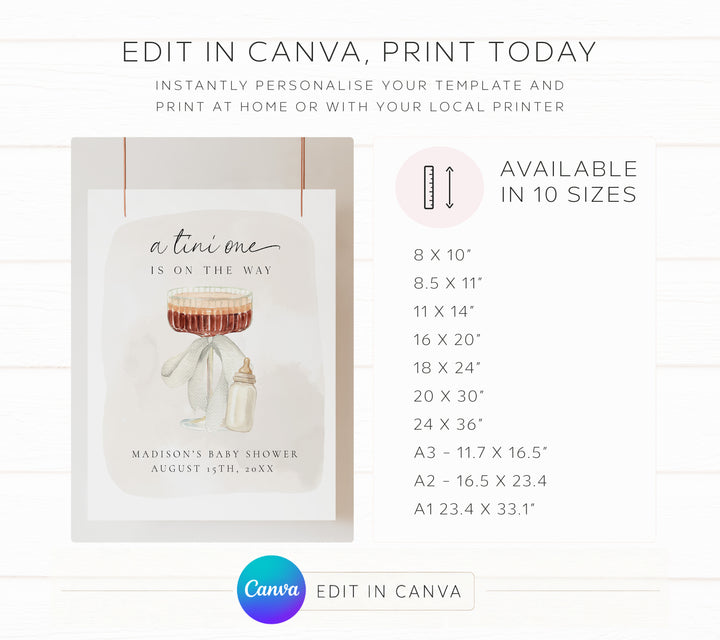 Martini Tini One Baby Shower Welcome Sign Canva template editable