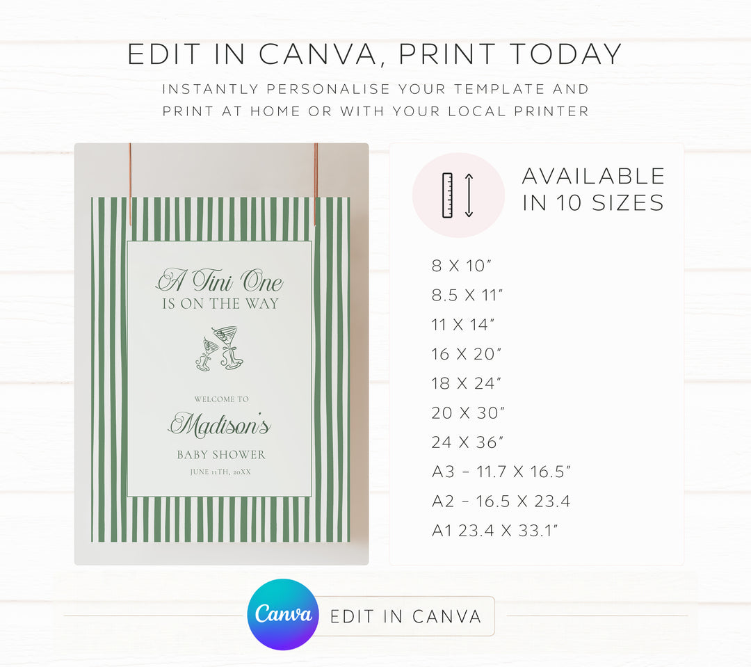 Striped Tini One Baby Shower Welcome Sign editable template in Canva