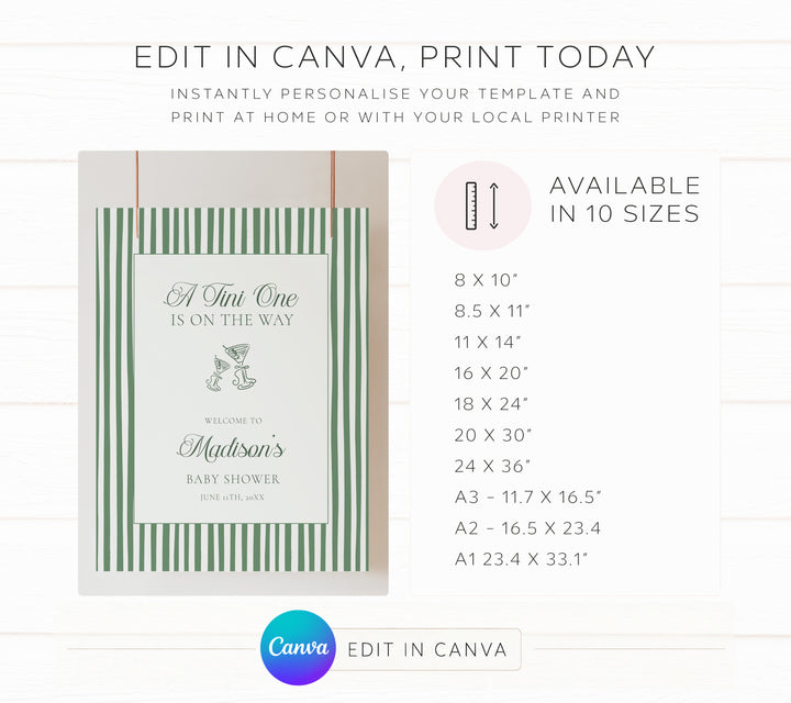 Striped Tini One Baby Shower Welcome Sign editable template in Canva