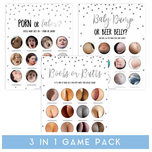 labor or porn, baby bump or beer belly, boobs or butts game, Printable baby shower games, baby silver glitter fun baby games, baby shower games, fun baby shower ideas, top baby shower ideas, silver glitter shower baby shower, friends baby shower ideas